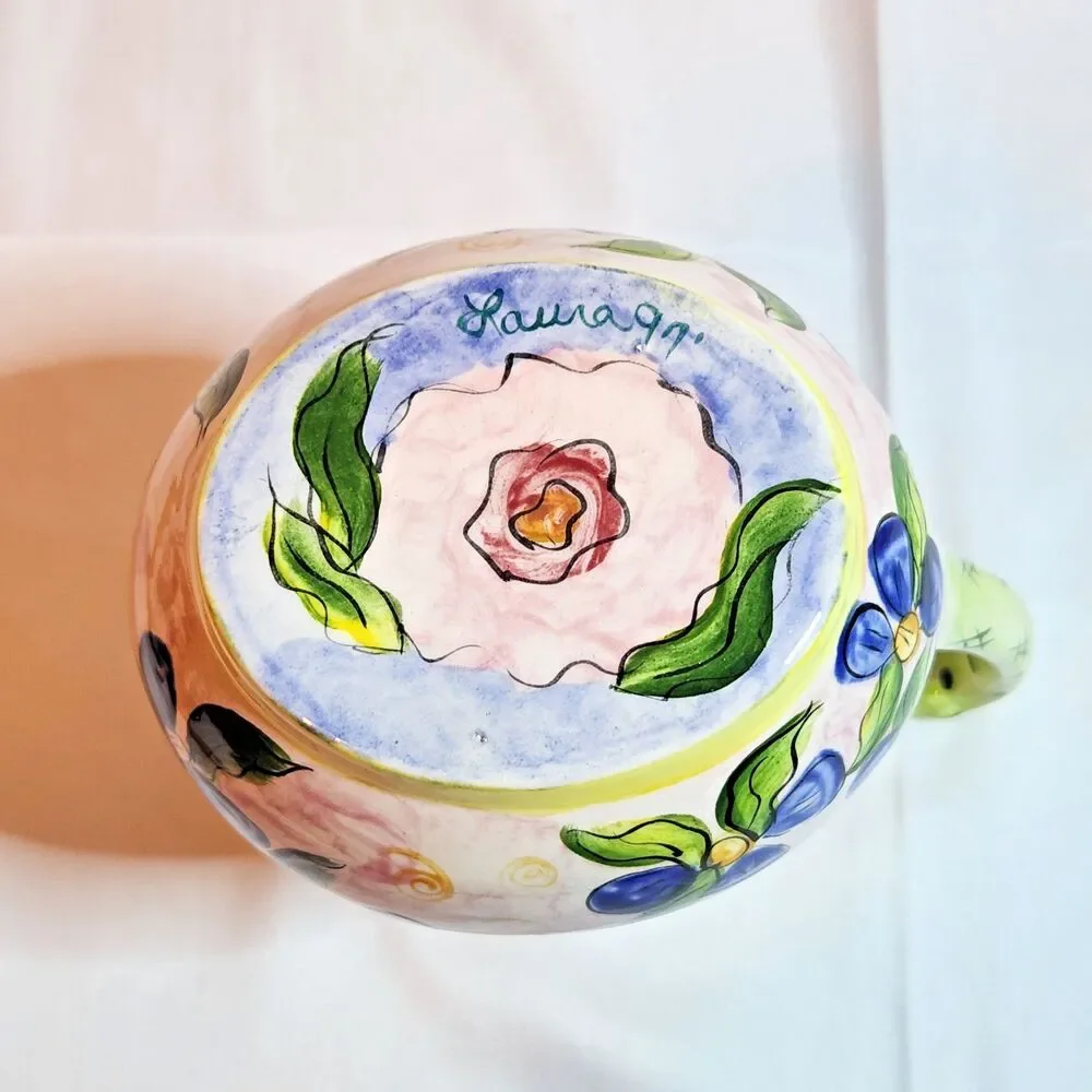 Hand Painted Floral Ceramic Pitcher Vase Signed Laura 97 Yellow Blue Pink